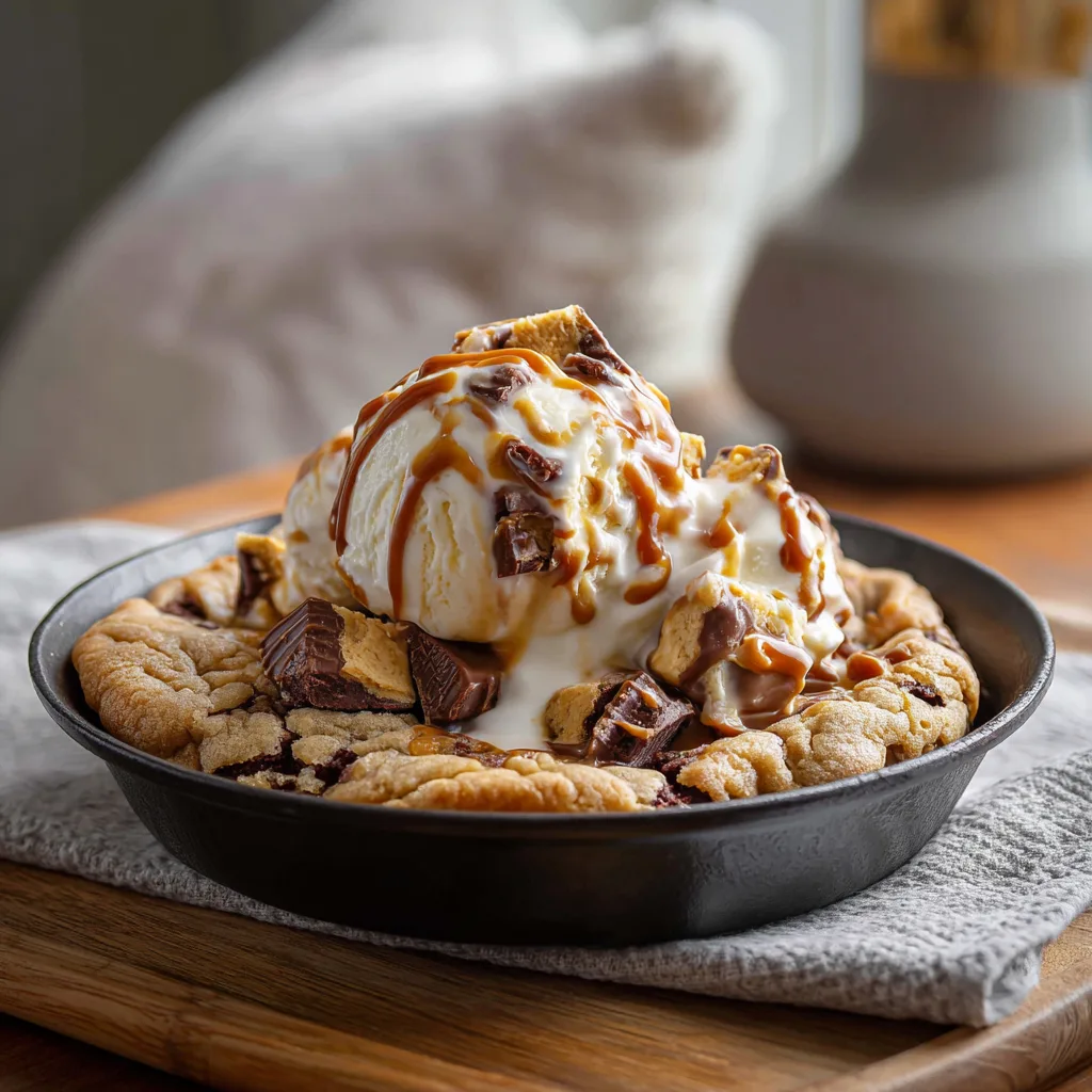 Reeses Skillet Cookie: Irresistibly Gooey (Homemade Reeses Cups Inspired!) 5 Reeses Skillet Cookie served with vanilla ice cream
