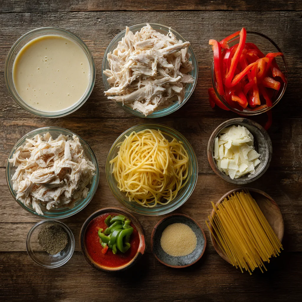 Southern Cheesy Chicken Spaghetti Casserole ingredients laid out on table