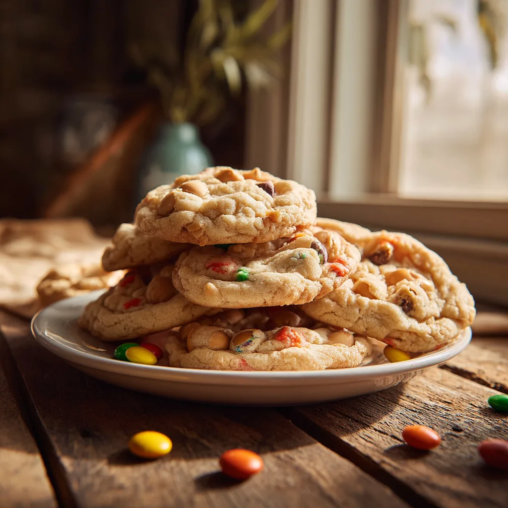 Freshly baked Reese’s Pieces Cookies on a rustic kitchen table