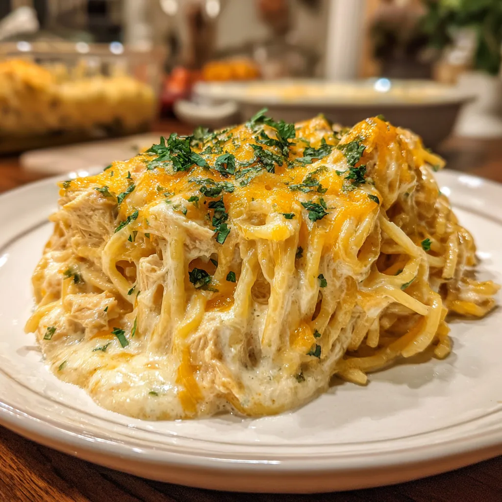 Serving of Southern Cheesy Chicken Spaghetti Casserole on plate