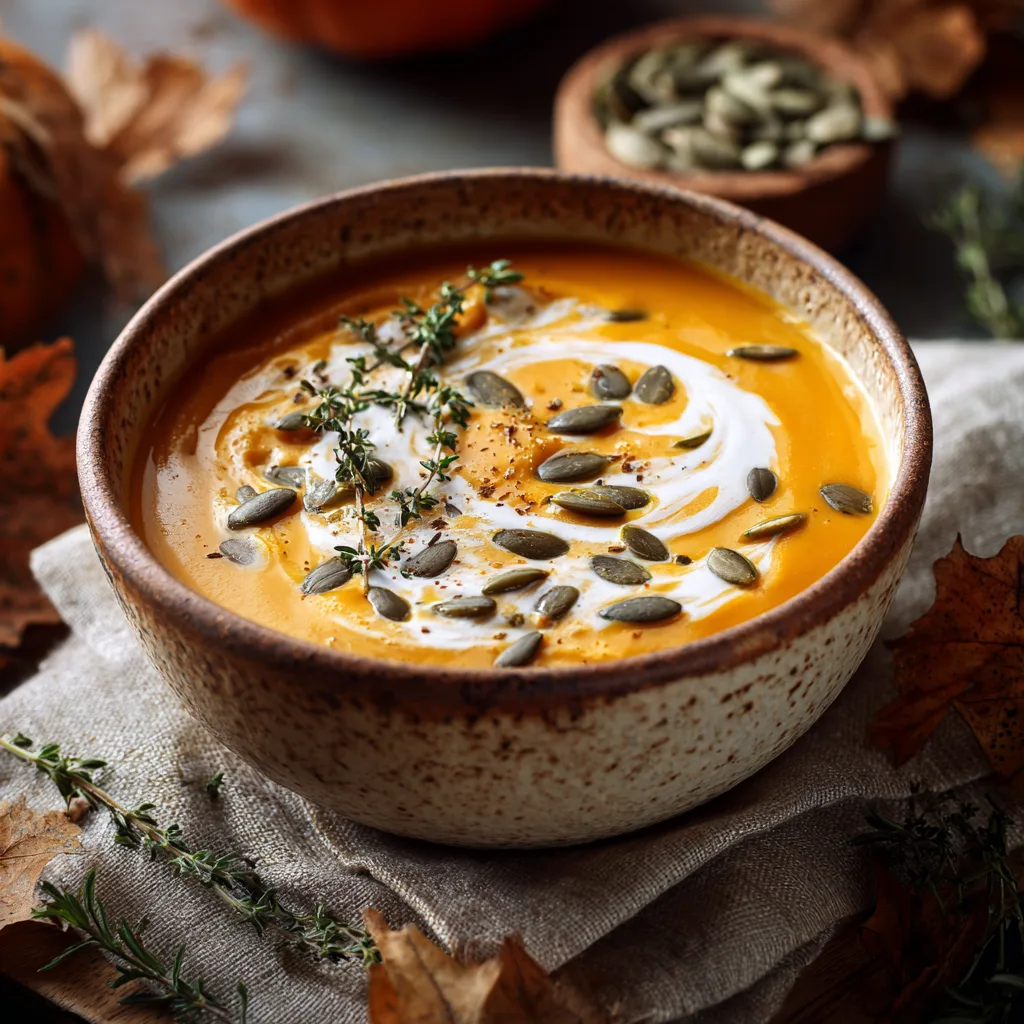 Roasted Butternut Squash Soup: Creamy, Cozy Comfort in Every Spoonful 4 Roasted Butternut Squash Soup served with coconut milk and roasted seeds on a rustic fall table.