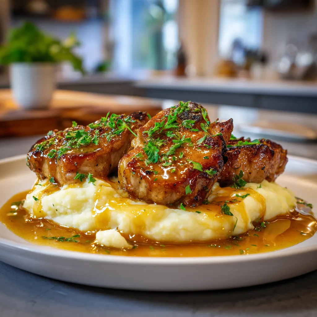 Served Honey Garlic Pork Chops with glaze and mashed potatoes