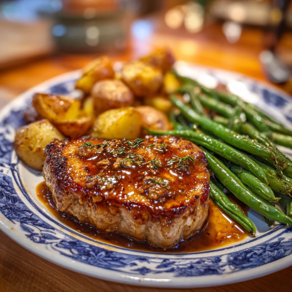 Maple Dijon Pork Chops served with potatoes and green beans