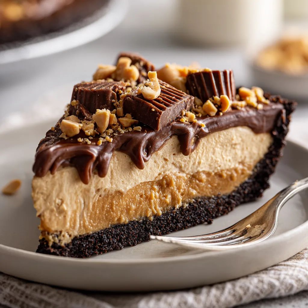 slice of no-bake peanut butter cup pie on a plate