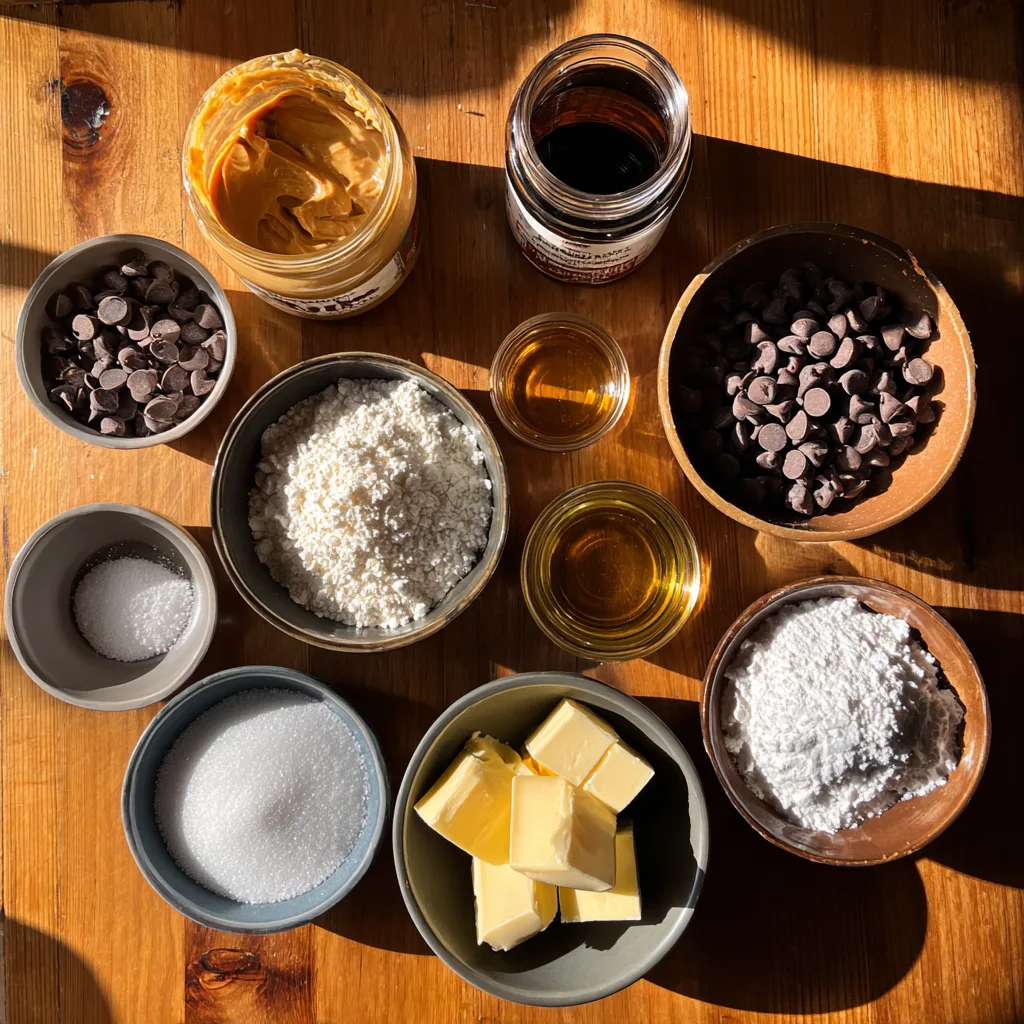 Chocolate Peanut Butter Fudge Bars: Creamy Indulgence Better Than Homemade Reeses Cups 2 Chocolate Peanut Butter Fudge Bars recipe ingredients flat lay