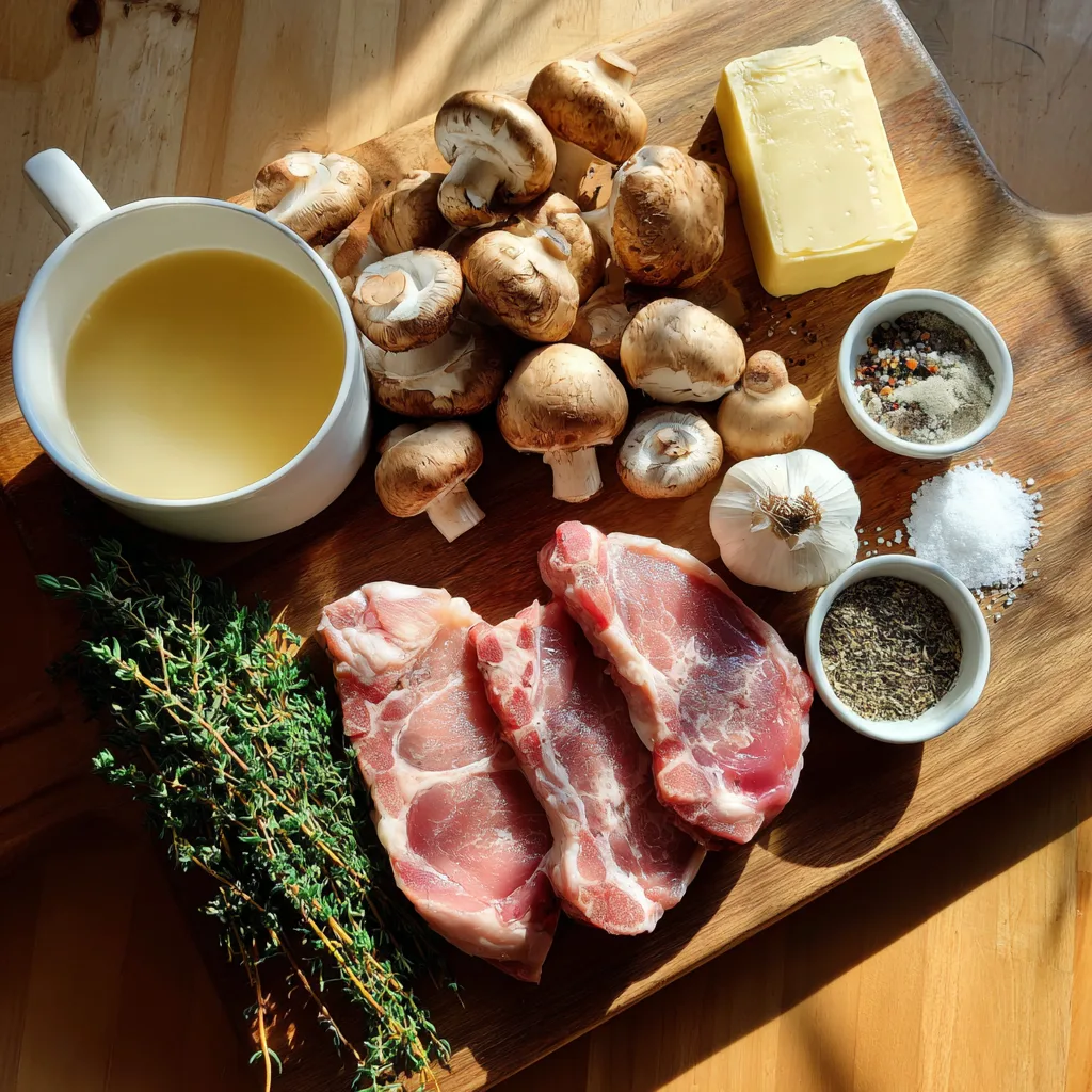 Ingredients for creamy mushroom pork chops arranged on wooden board