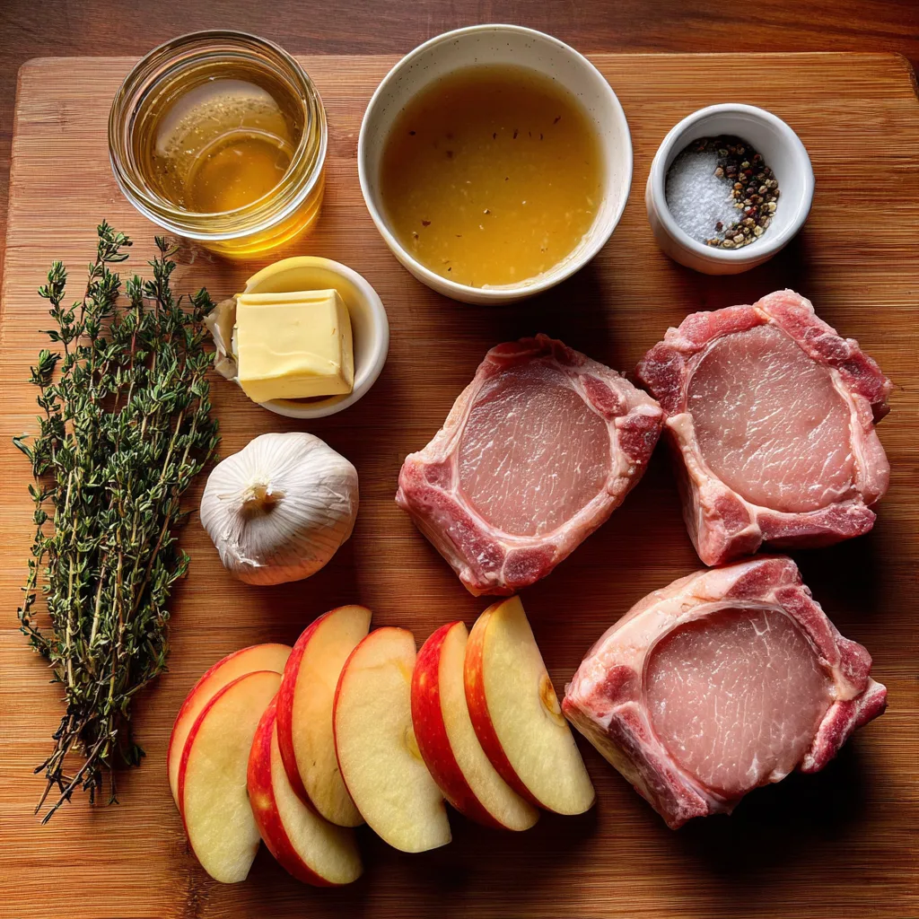 Ingredients for Pork Chops with Apple Cider Sauce arranged on a countertop