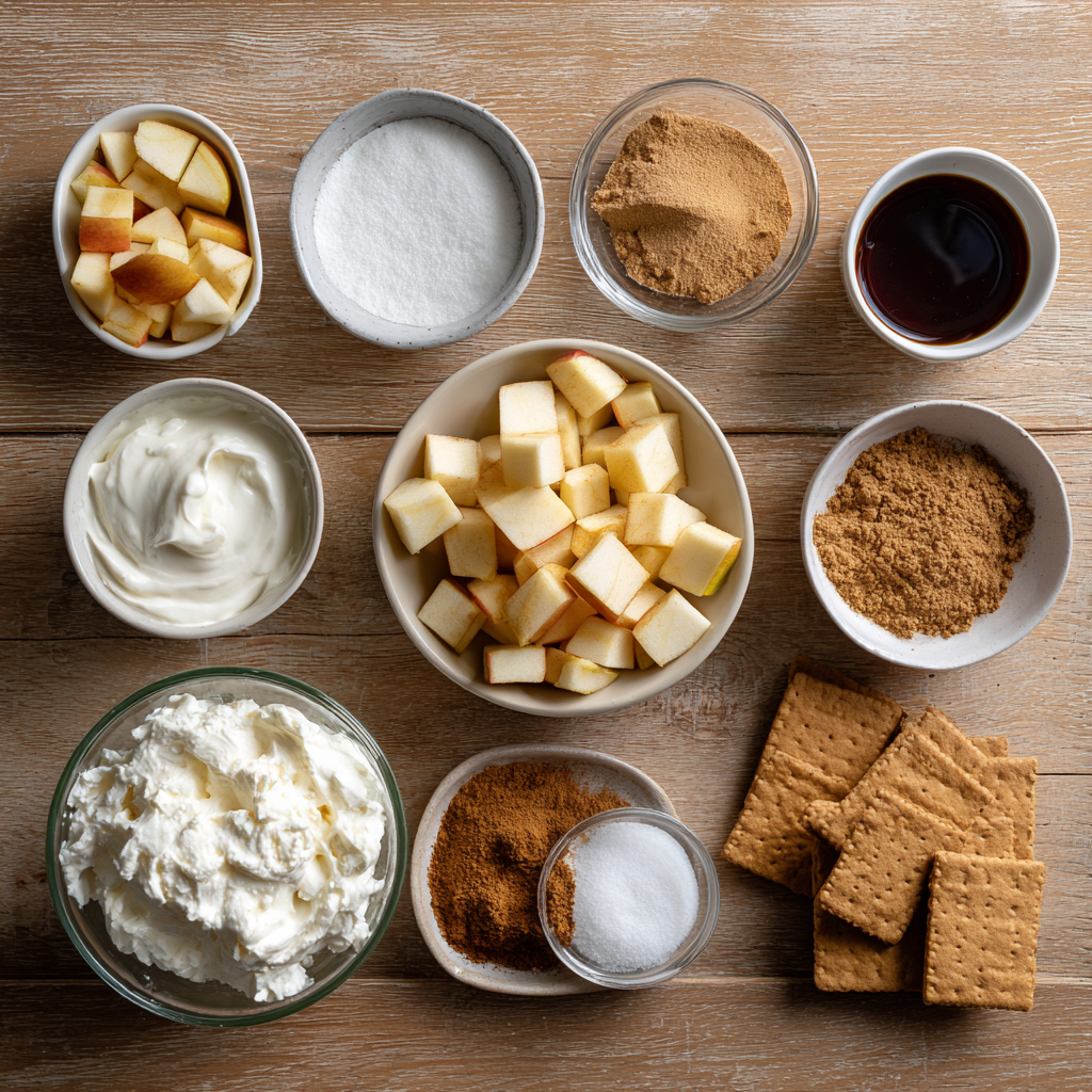 Ingredients for baked apple cheesecake dip on a wooden countertop