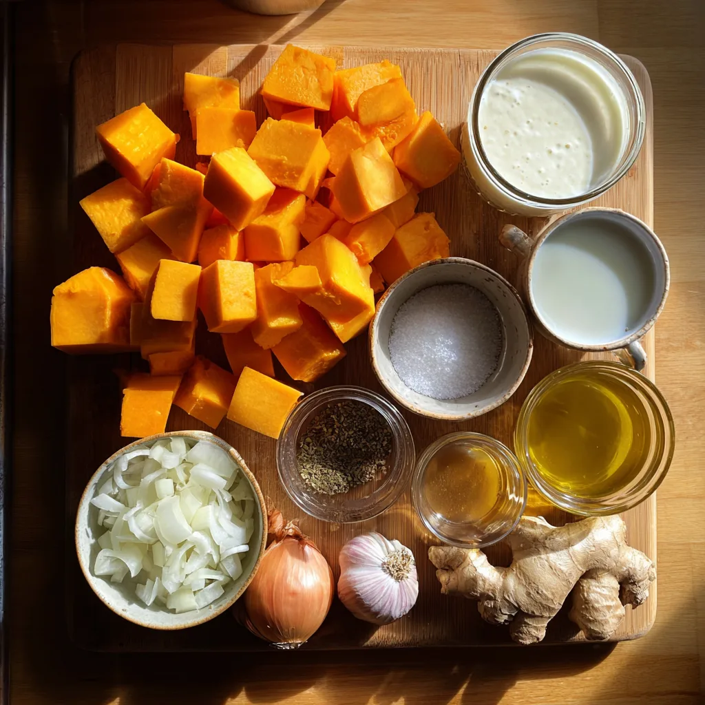 Roasted Butternut Squash Soup: Creamy, Cozy Comfort in Every Spoonful 2 Fresh ingredients for roasted butternut squash soup including squash, coconut milk, and herbs.