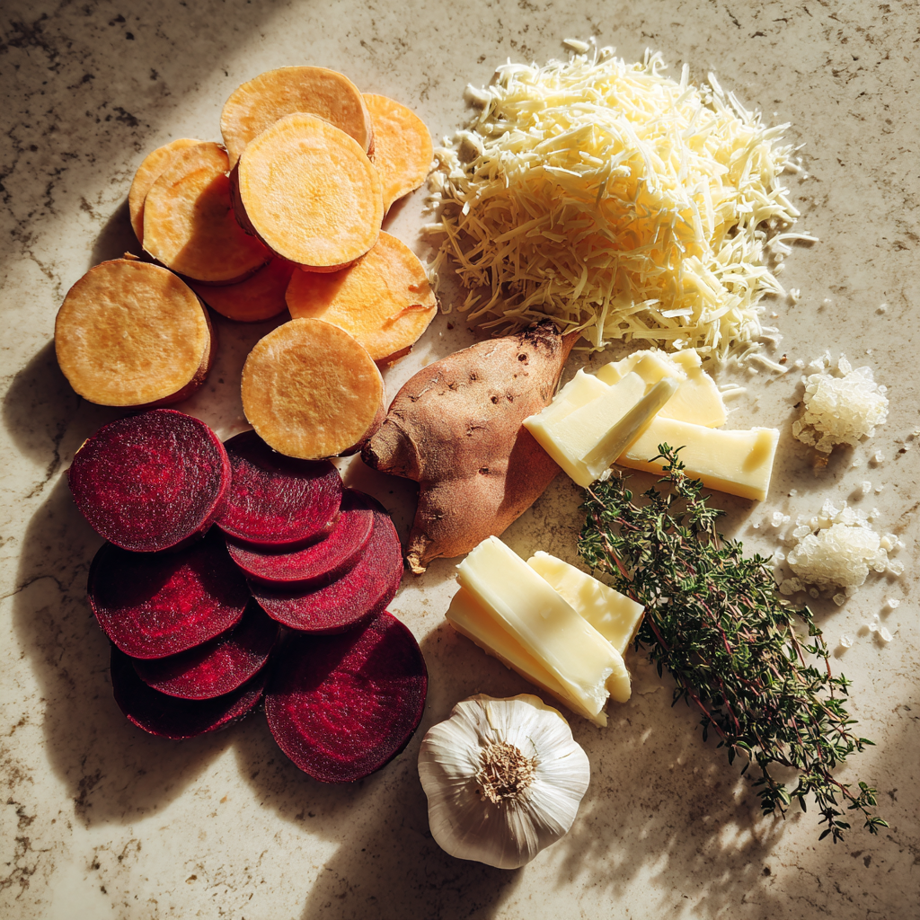 Fresh ingredients for cheesy root vegetable gratin on kitchen counter