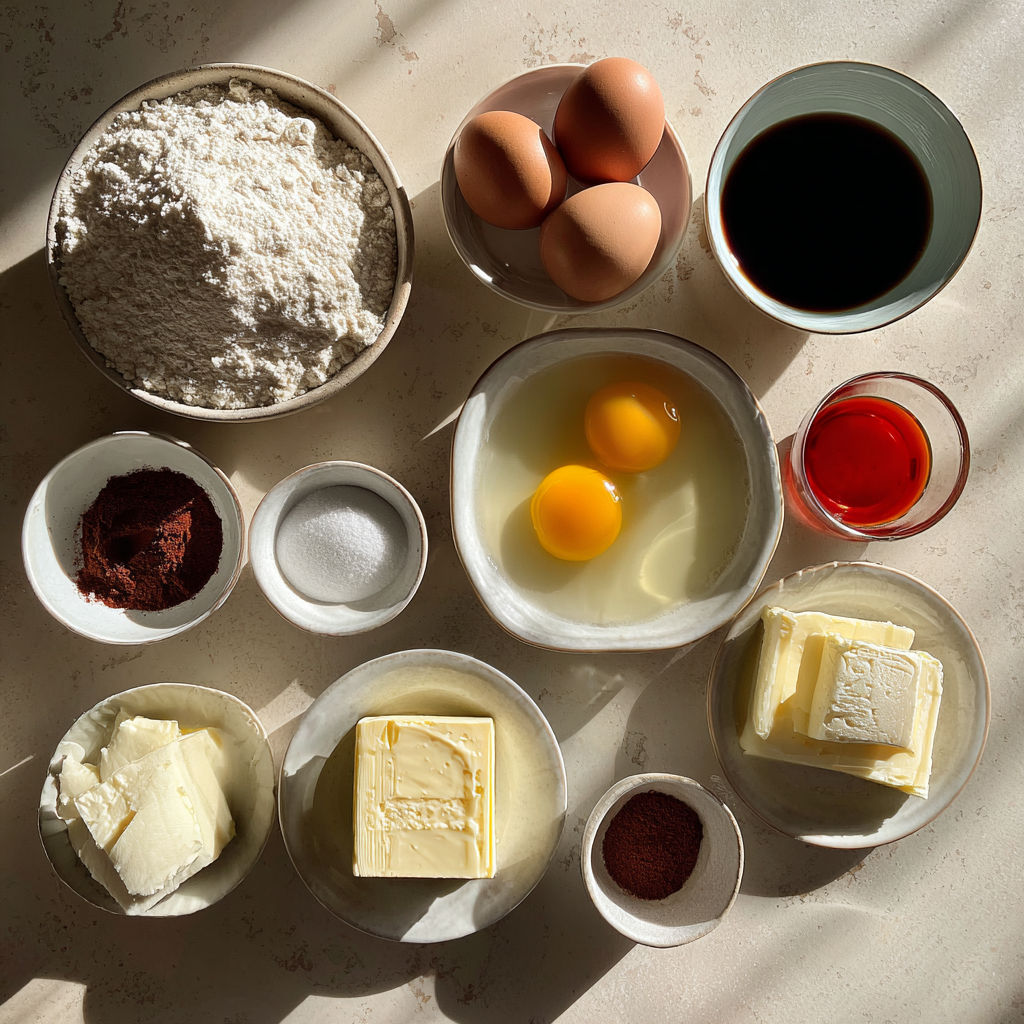 Ingredients for making homemade red velvet cake on kitchen counter
