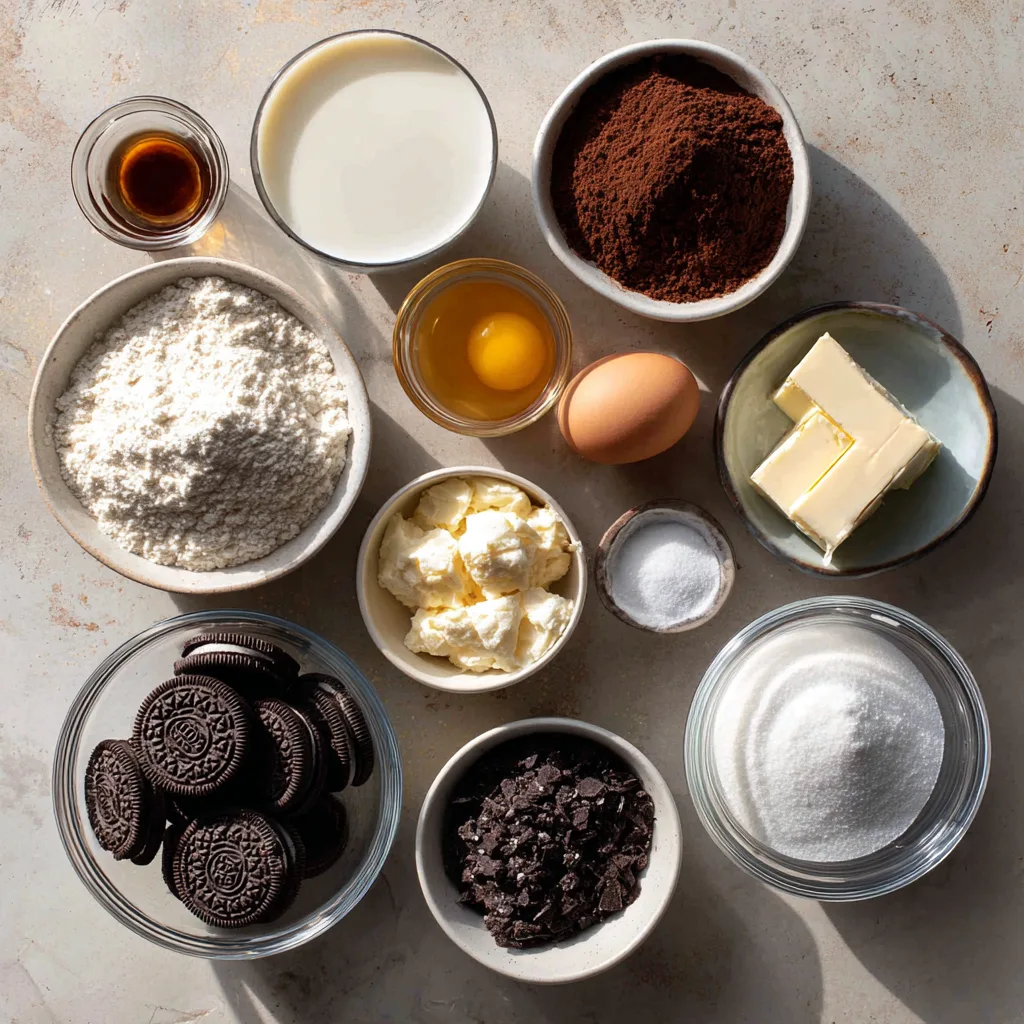 Flat lay of ingredients for Oreo Cake Recipe including cocoa powder and crushed Oreos