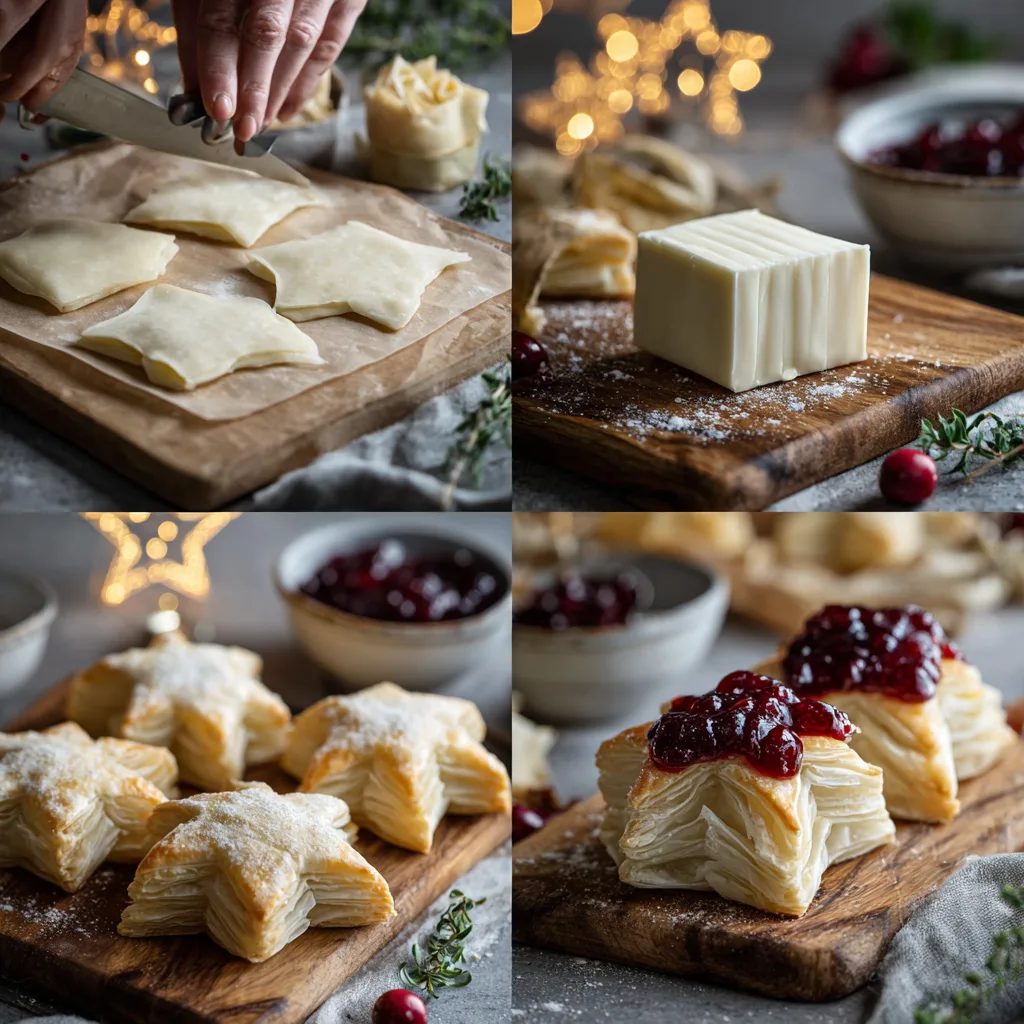 Puff Pastry Brie Stars with Cranberry Jam – Festive Holiday Appetizers That Shine Bright 3 Step-by-step making Puff Pastry Brie Stars with Cranberry Jam in four stages