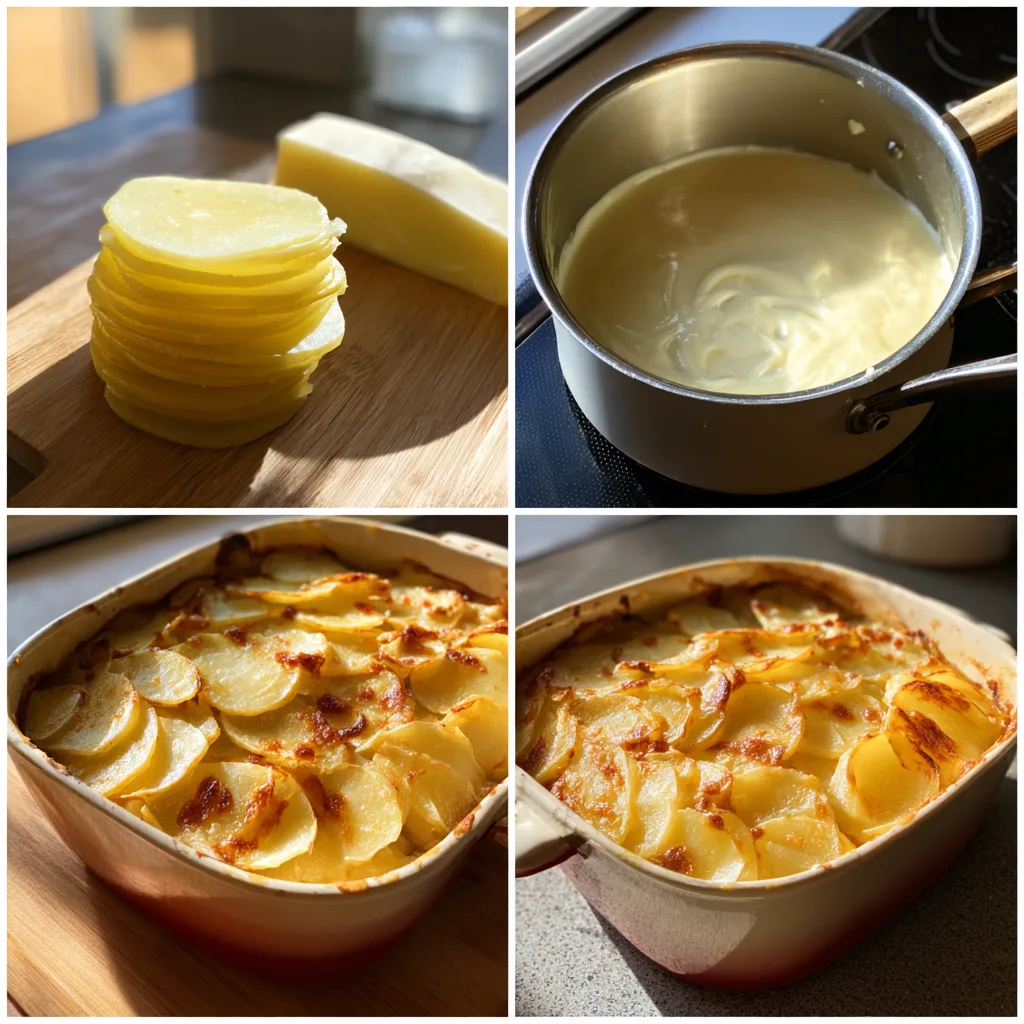 Step-by-step process for making creamy scalloped potatoes at home.