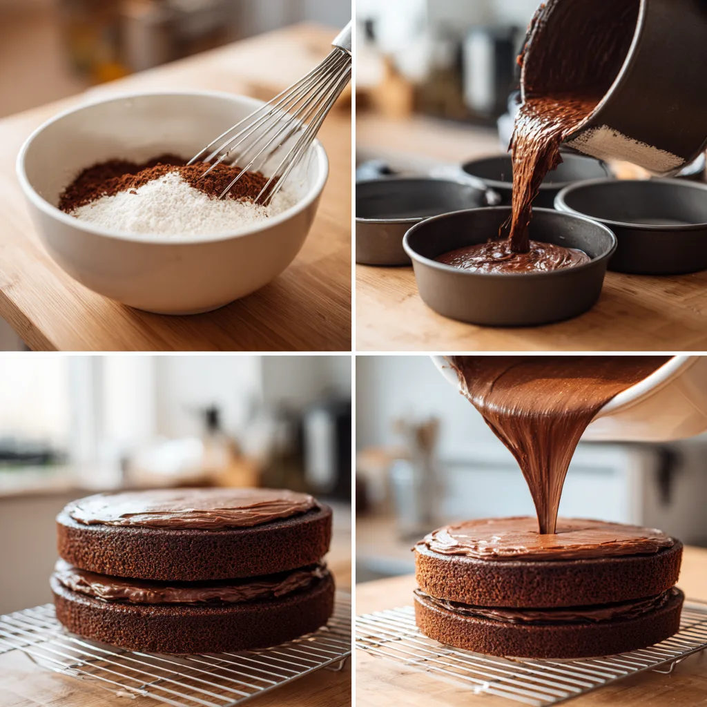 Step-by-step Chocolate Cake recipe process in four stages