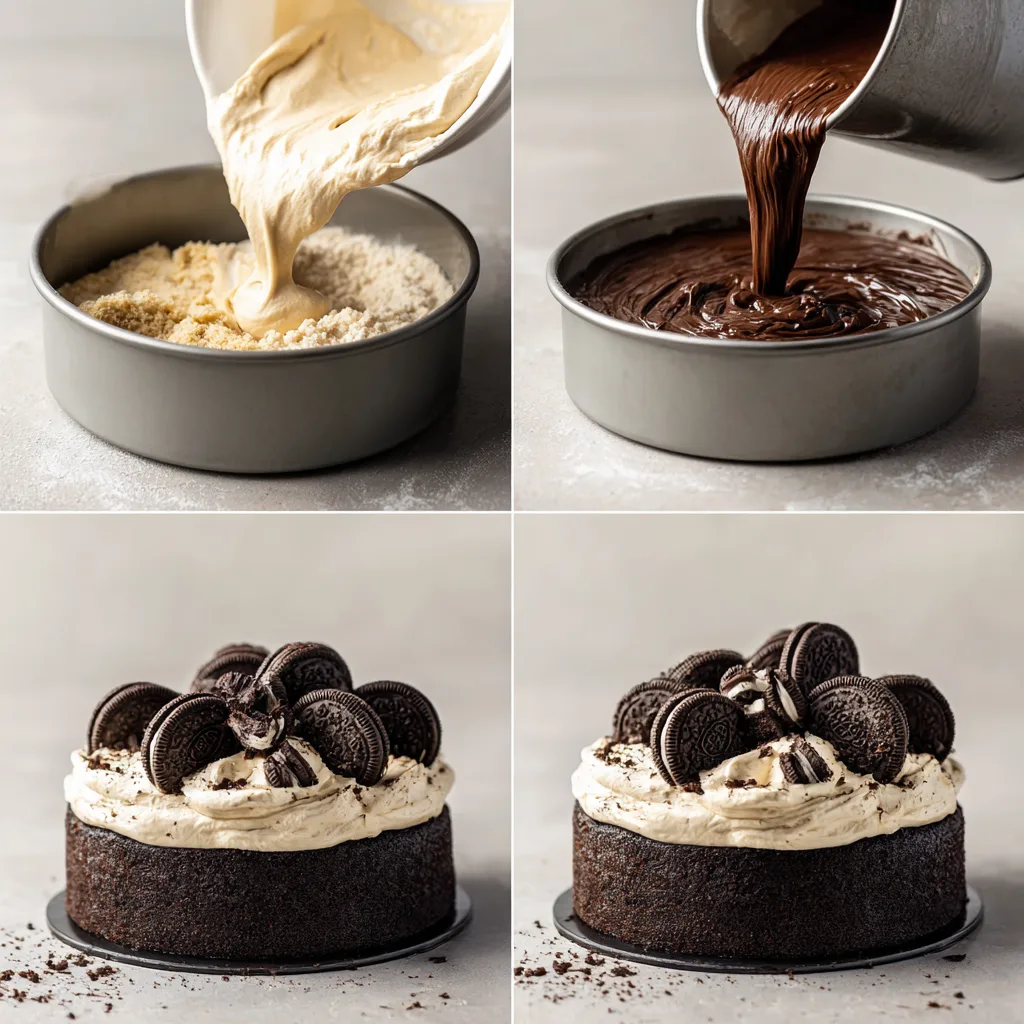 Step-by-step collage showing how to make Oreo Cake Recipe at home