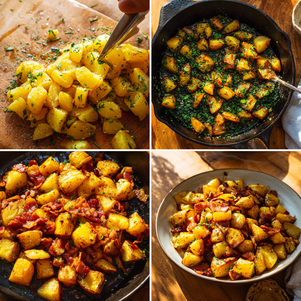 Step-by-step collage showing how to make crispy Bangin’ Breakfast Potatoes in a skillet