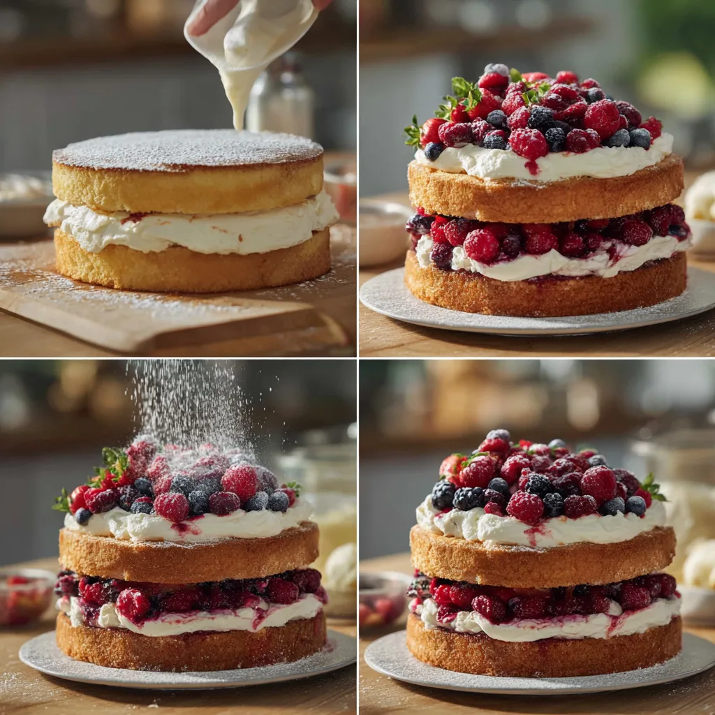 Berry Chantilly Cake: A Dreamy Fresh Fruit Layer Cake You’ll Fall in Love With 3 Step-by-step making of Berry Chantilly Cake with fresh fruit and whipped cream