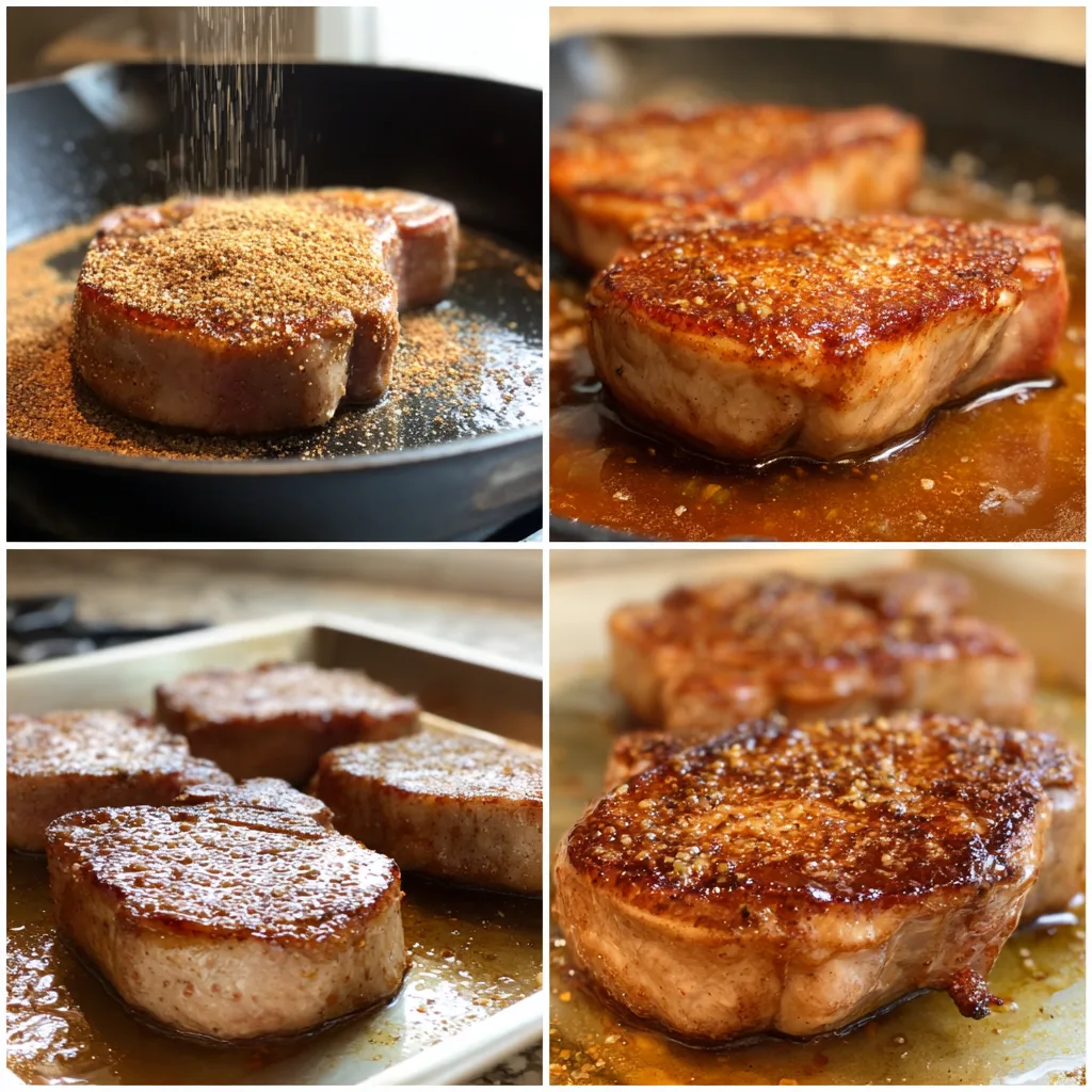 Step-by-step Brown Sugar Baked Pork Chops cooking process in 4 panels