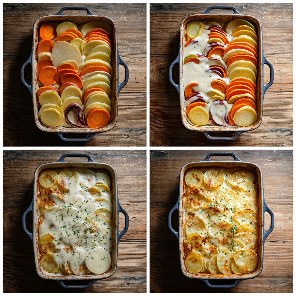 Step-by-step process making cheesy root vegetable gratin in home kitchen