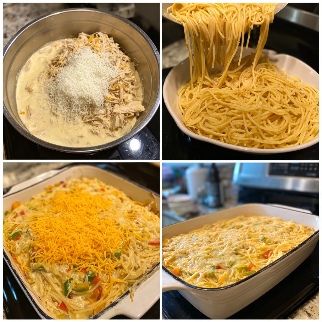 Step-by-step Southern Cheesy Chicken Spaghetti Casserole cooking process