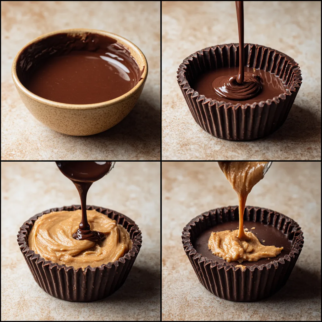 Step-by-step making Classic Homemade Reese’s Cups in four panels (Classic Homemade Reese’s Cups)