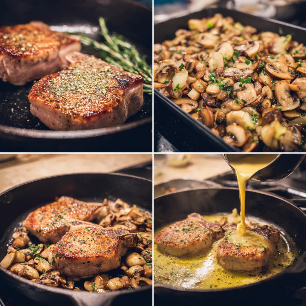 Step-by-step photos showing how to make creamy mushroom pork chops