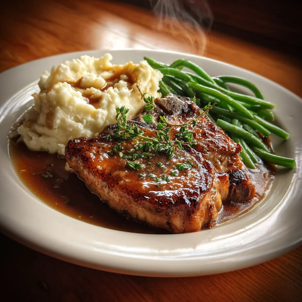 Served plate of Brown Sugar Baked Pork Chops with mashed potatoes and green beans