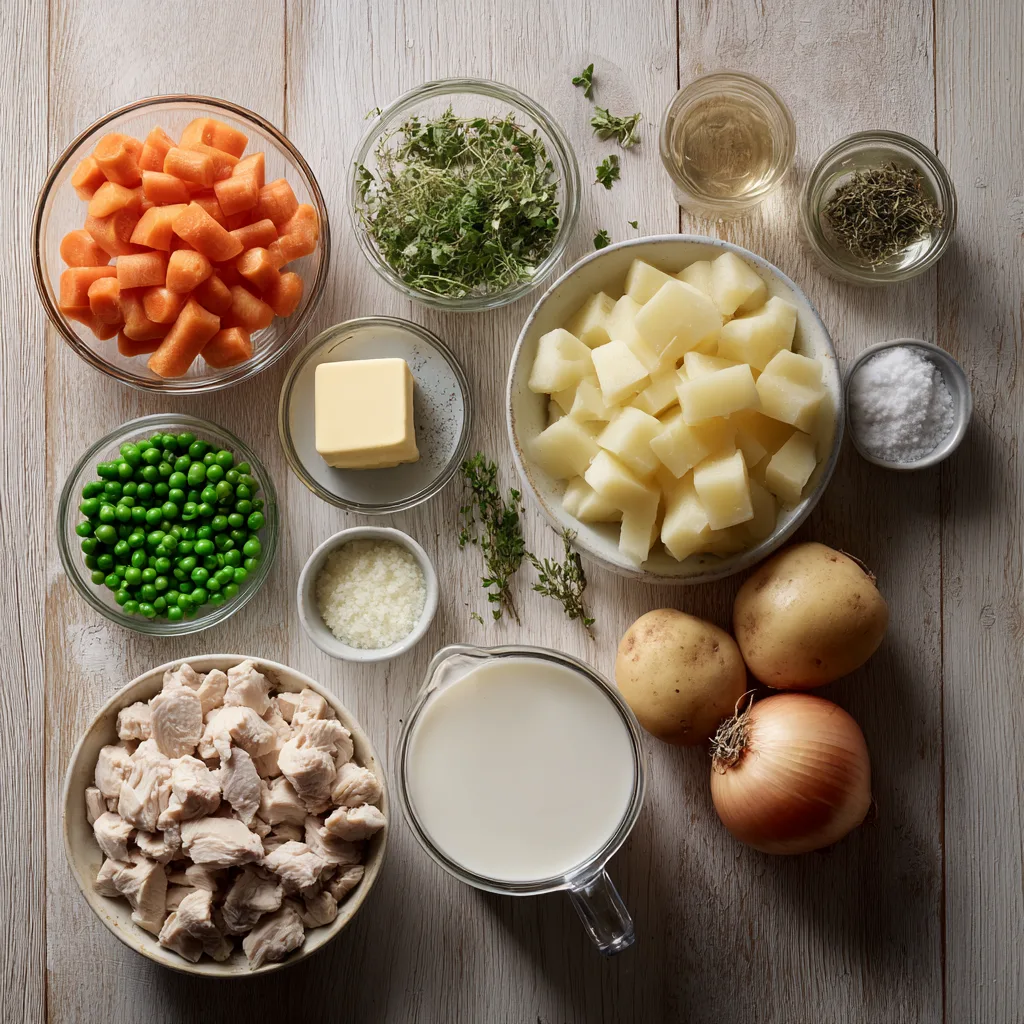 Chicken Pot Pie Soup Ingredients – diced chicken, vegetables, and creamy base ingredients