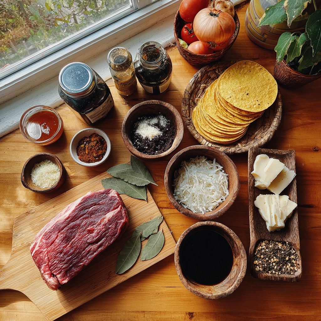 Ingredients for authentic Birria Tacos with guajillo and ancho chiles