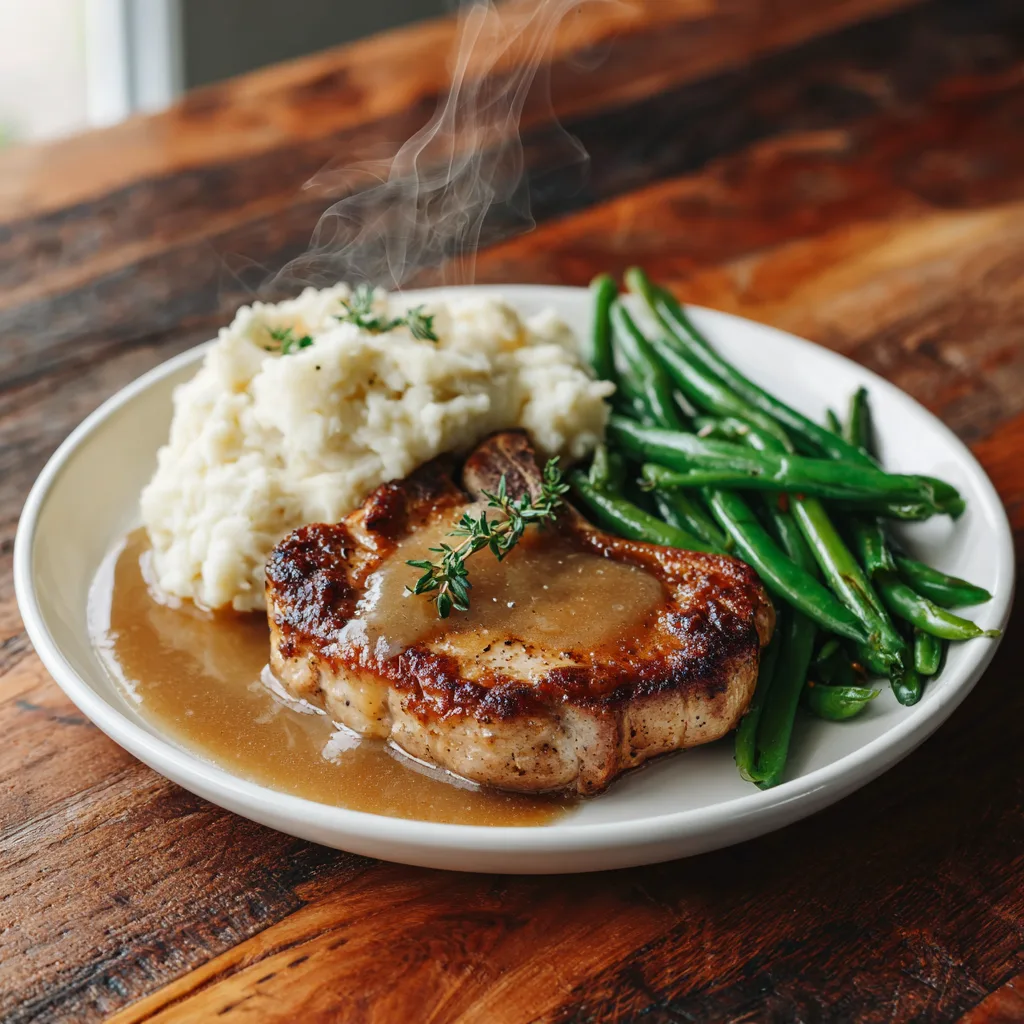 Pork Chops with Apple Cider Sauce served with mashed potatoes