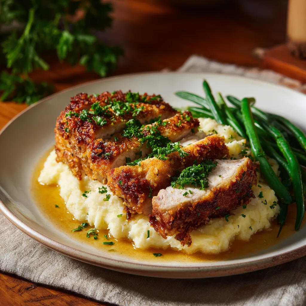 Parmesan Crusted Pork Chops served with sides