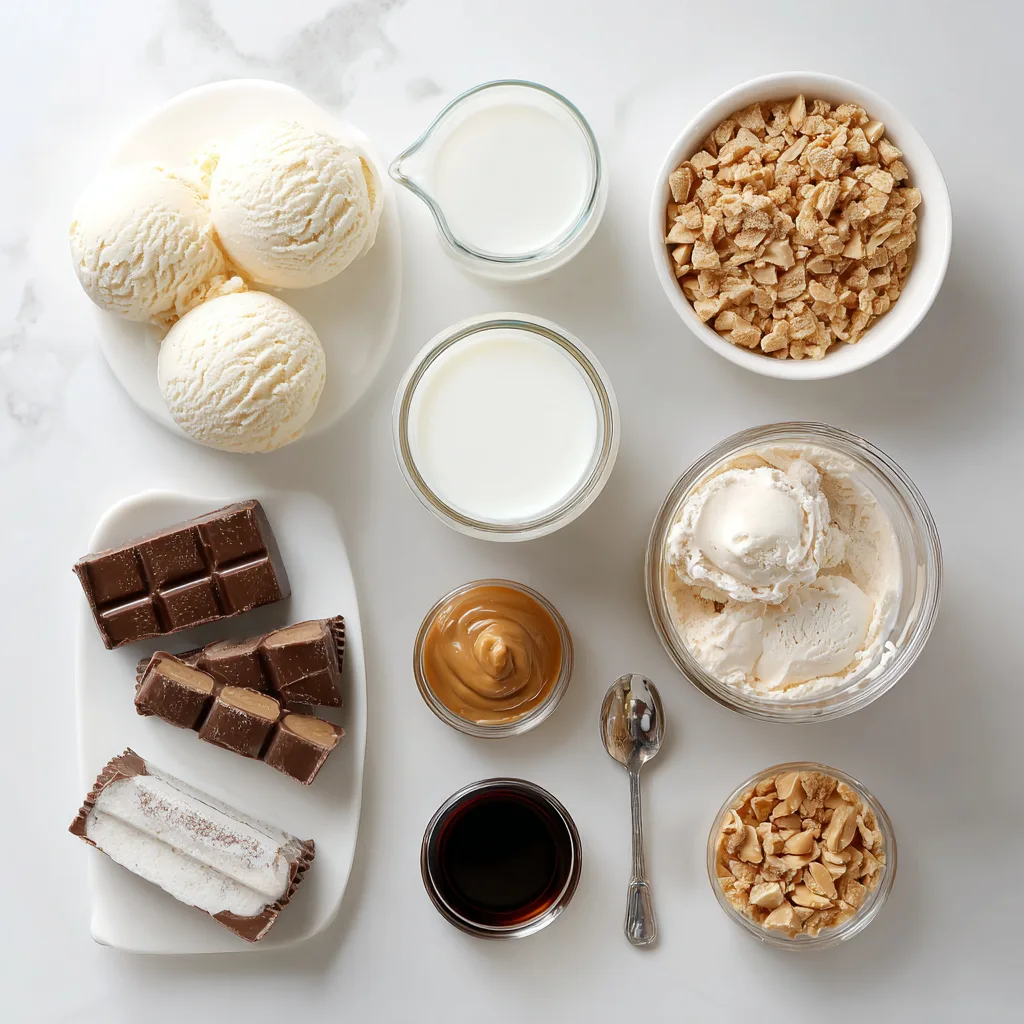 Reeses Cup Milkshake ingredients displayed on kitchen counter