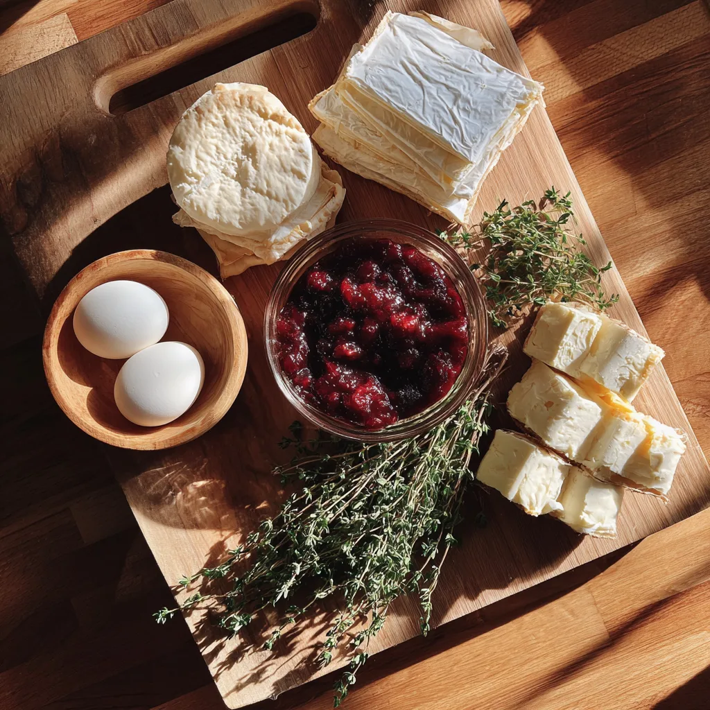 Ingredients for Cranberry Brie Tartlets with Thyme on wooden table