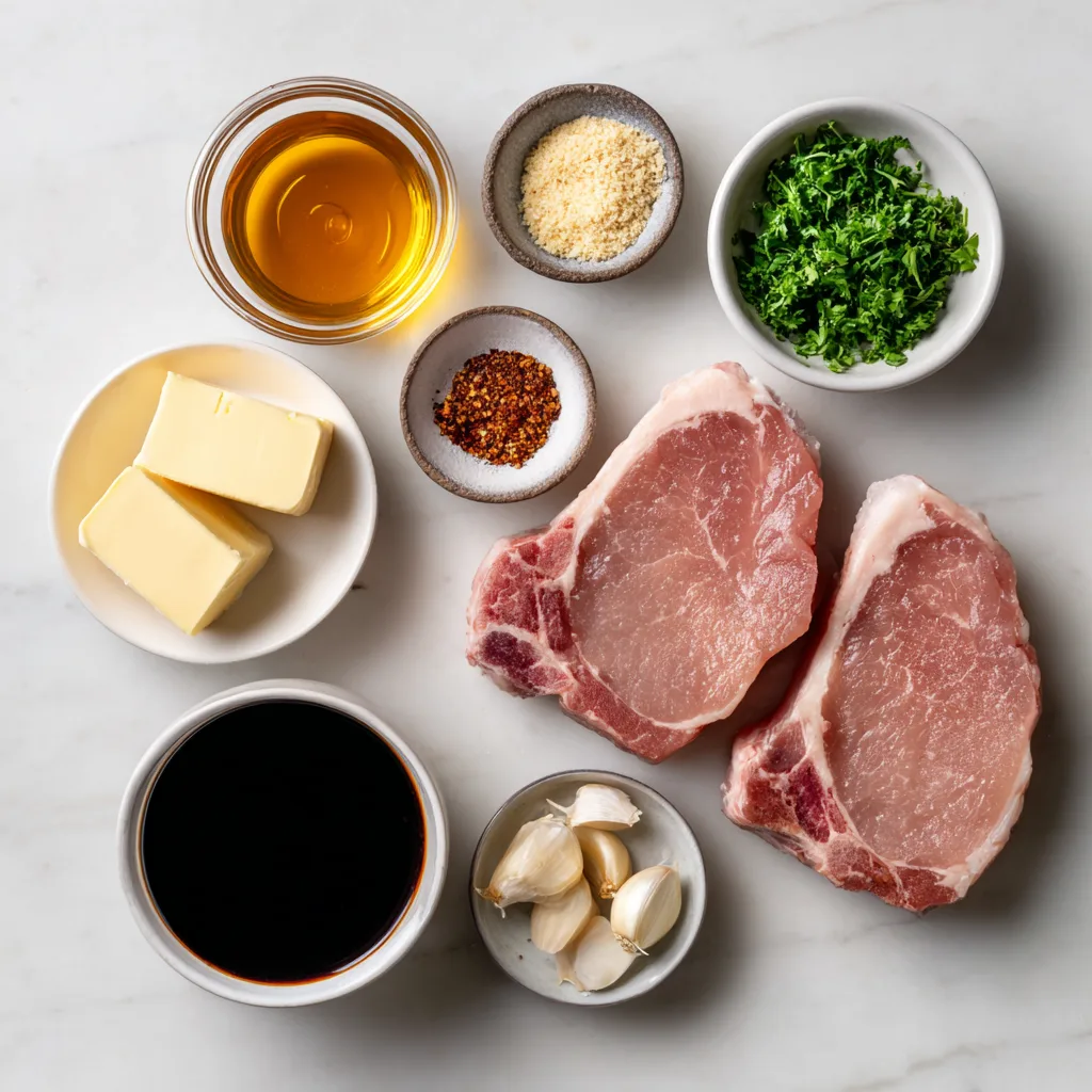 Honey Garlic Pork Chops ingredients arranged on marble background