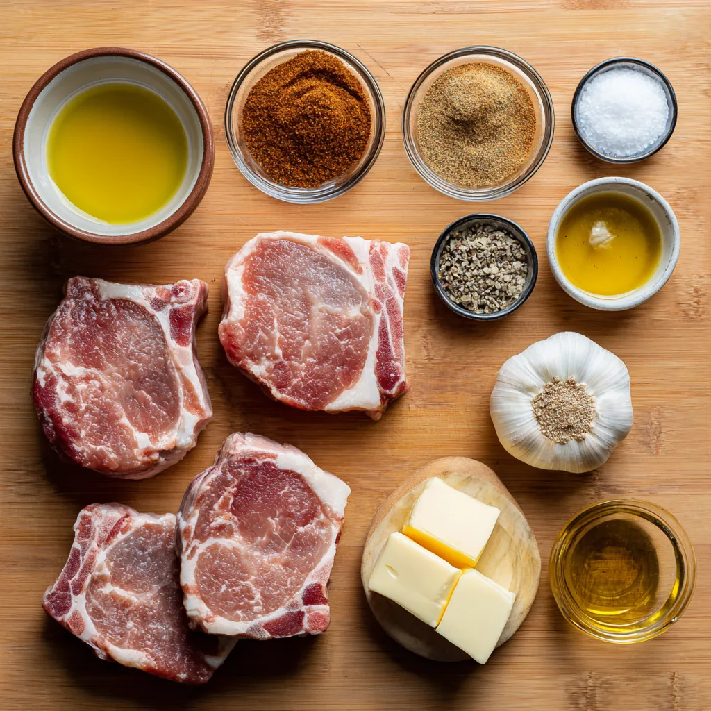 Ingredients for Brown Sugar Baked Pork Chops laid out on a kitchen counter
