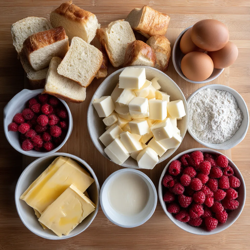 Ingredients for homemade White Chocolate Raspberry Bread Pudding