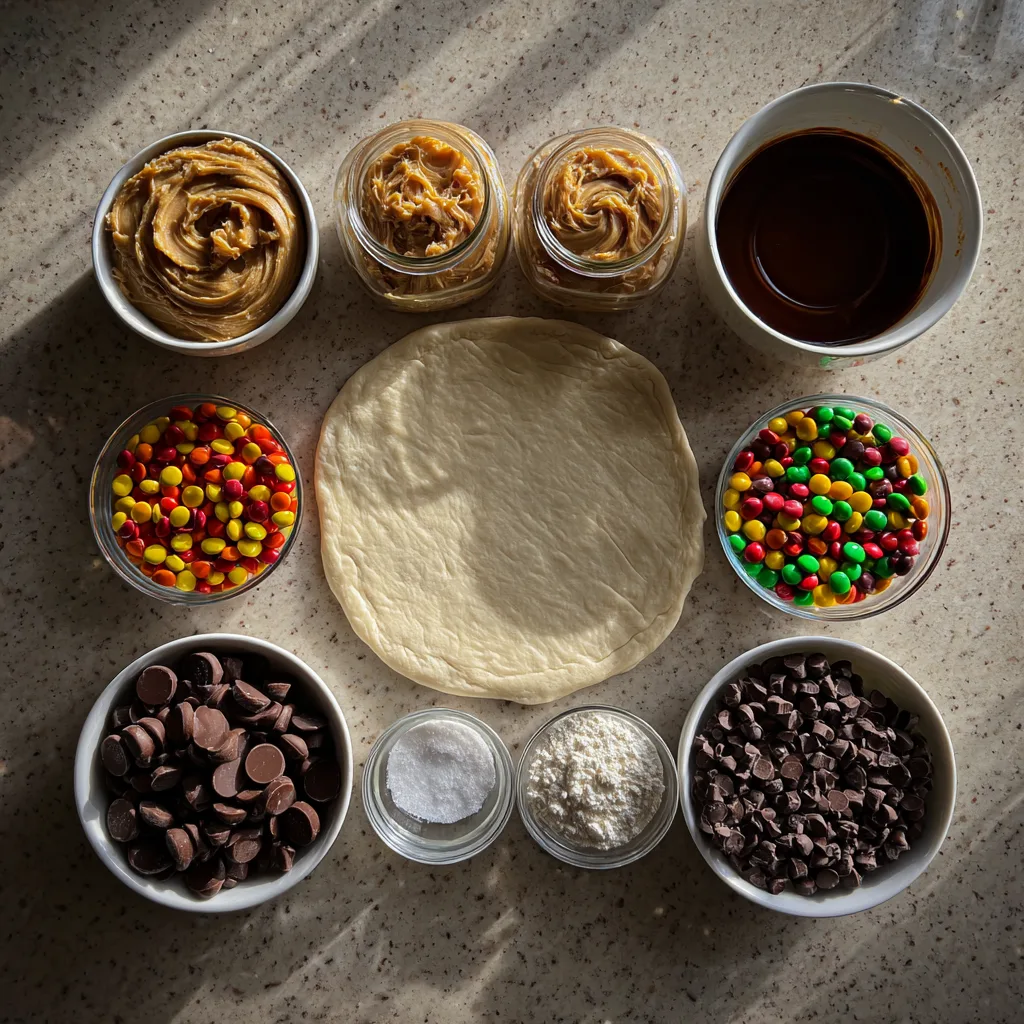 Ingredients for Reese’s Dessert Pizza arranged on a kitchen counter
