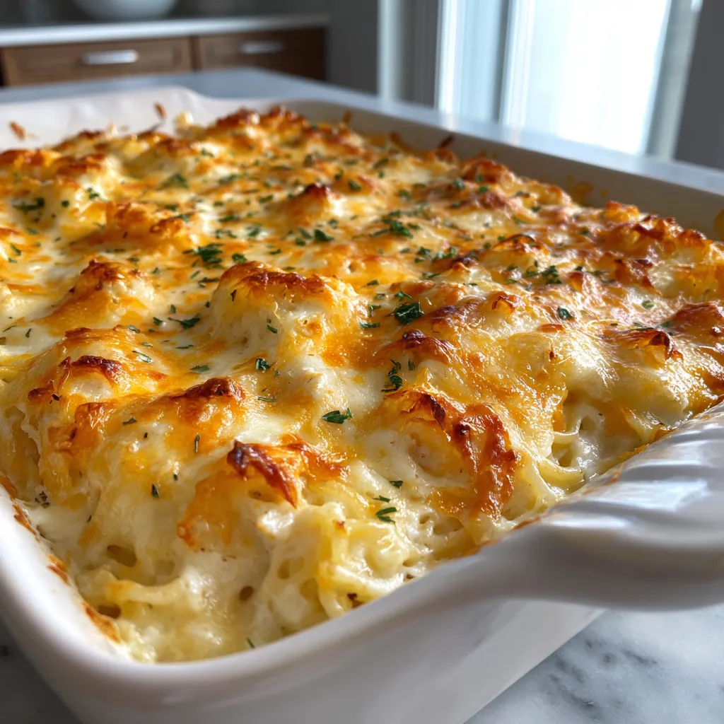 Southern Cheesy Chicken Spaghetti Casserole baked with creamy cheddar topping