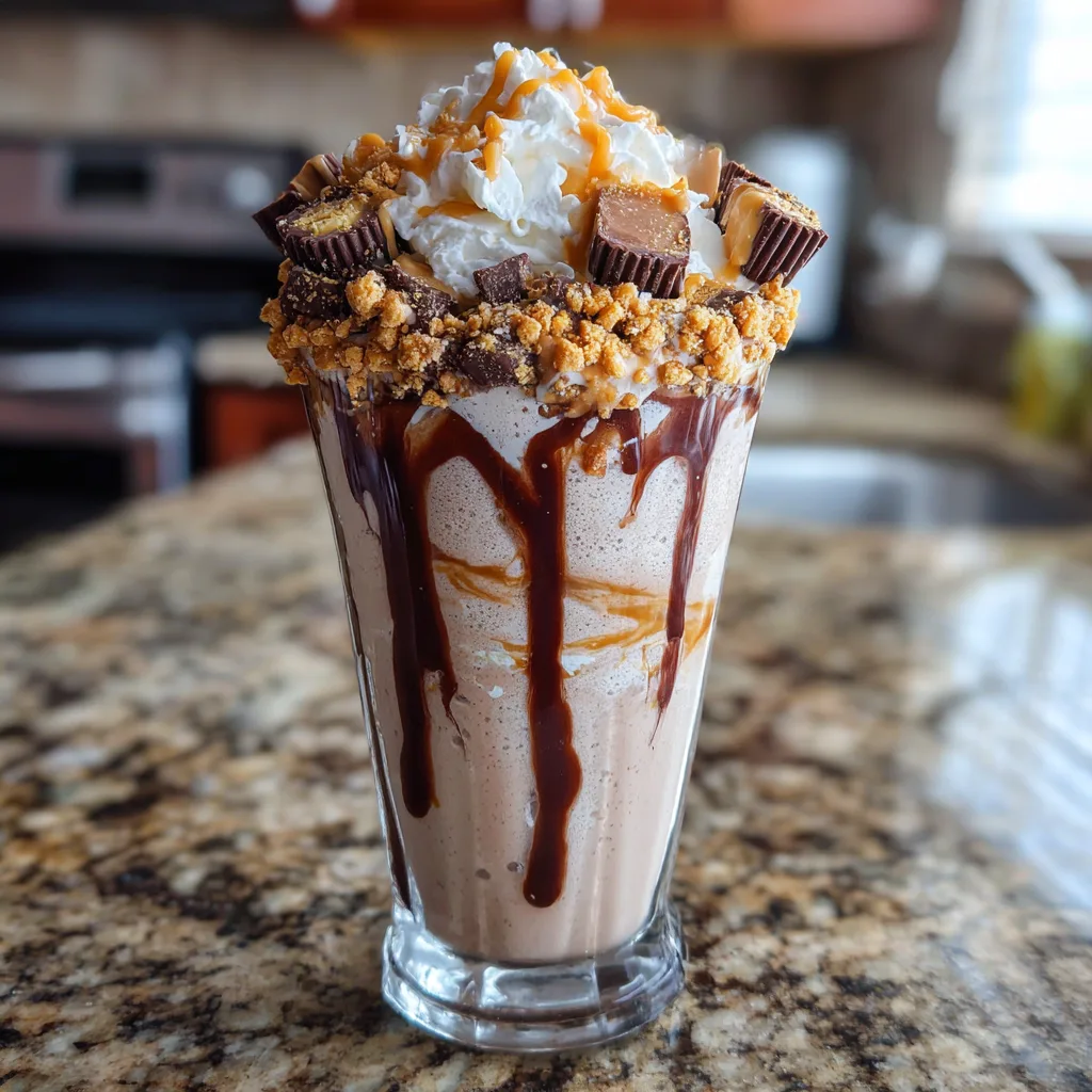 Served Reeses Cup Milkshake with peanut butter drizzle and Reese’s cups