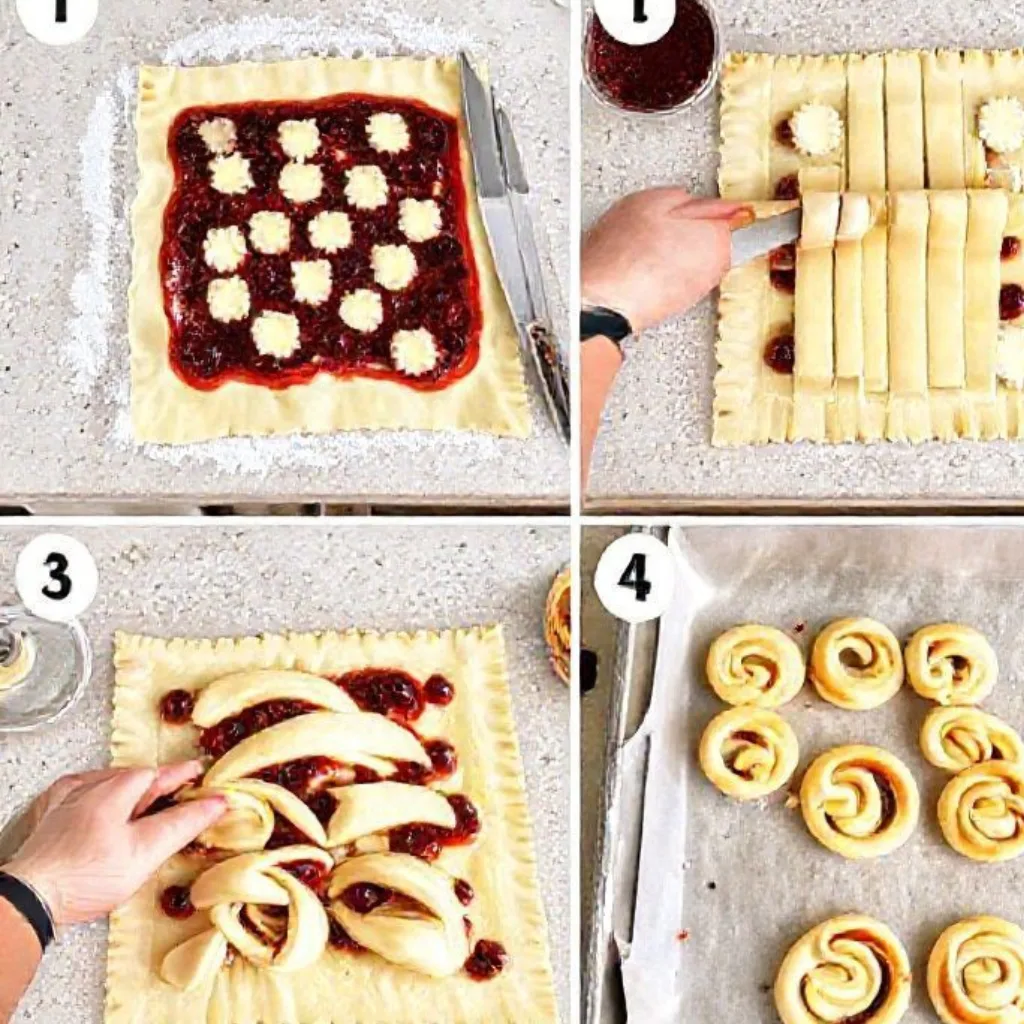 Step-by-step collage making Cranberry Brie Pastry Twists – easy puff pastry holiday recipe