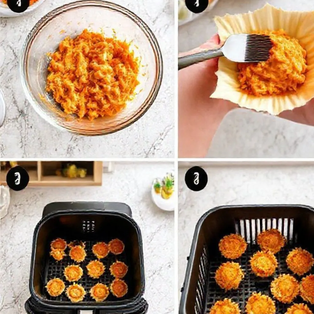 Step-by-step process making Air Fryer Buffalo Chicken Dip Bites in four panels