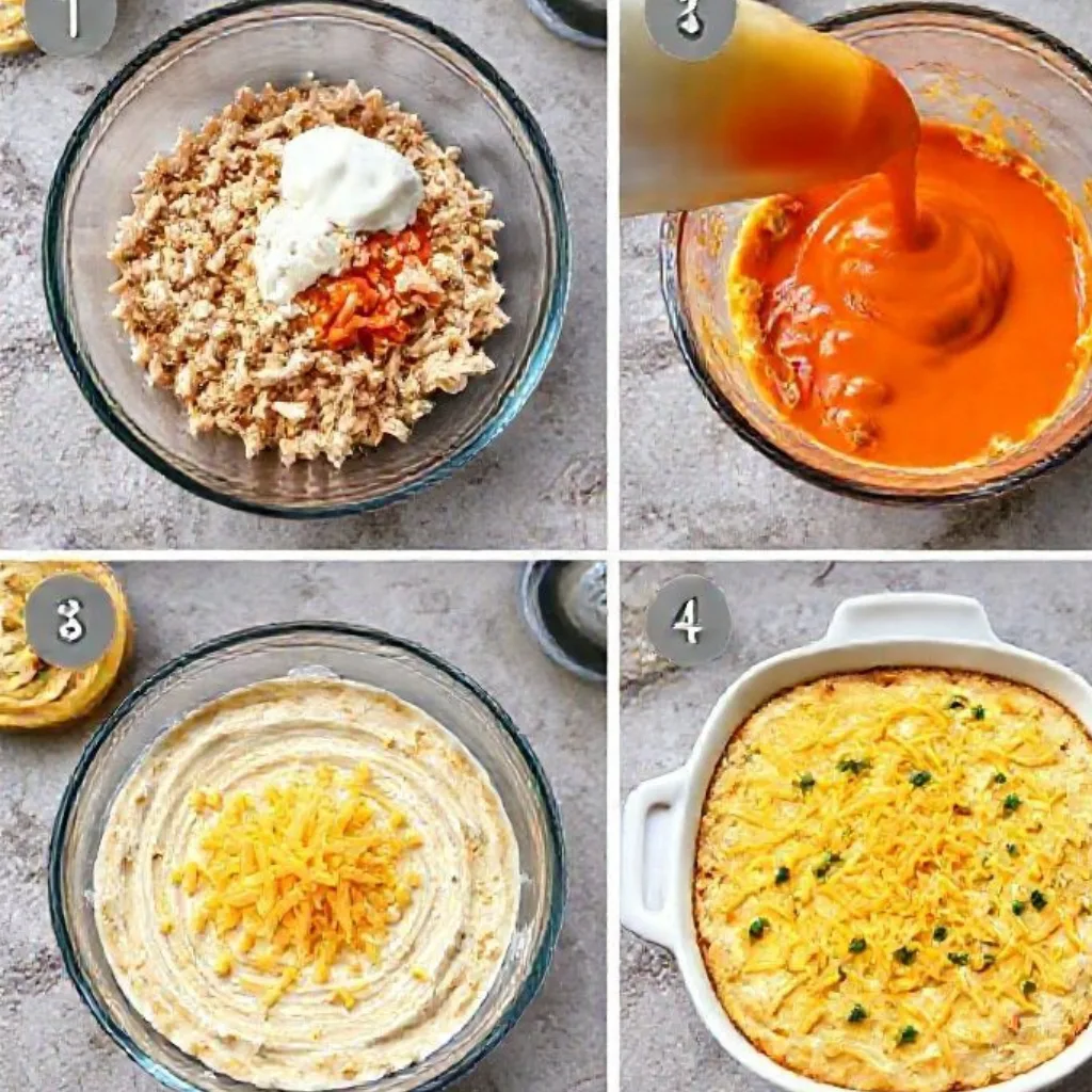 Healthy Buffalo Chicken Dip That Packs a Punch of Flavor 3 Healthy Buffalo Chicken Dip step-by-step 4 panel recipe process