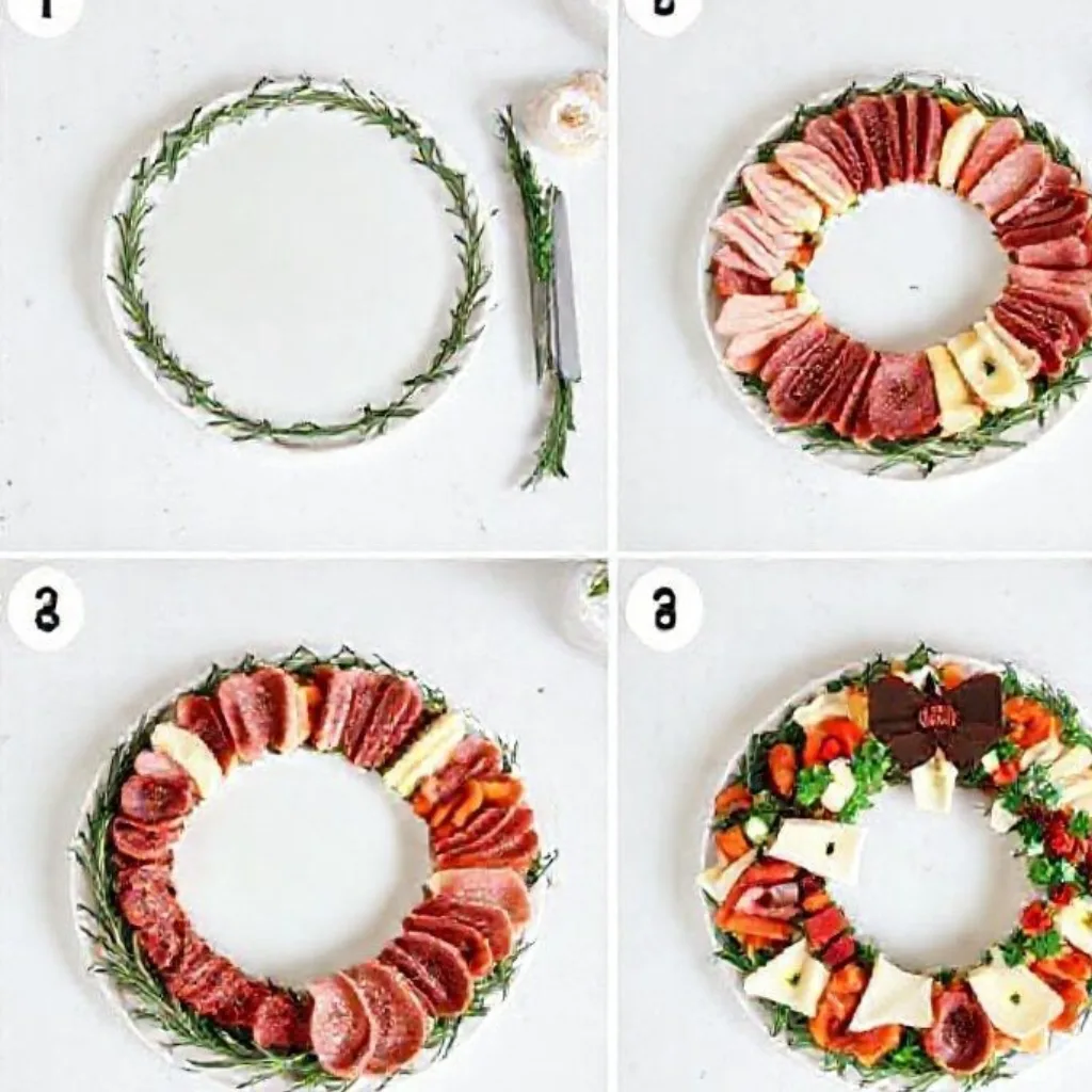 Step by step Christmas Antipasto Wreath Platter assembly