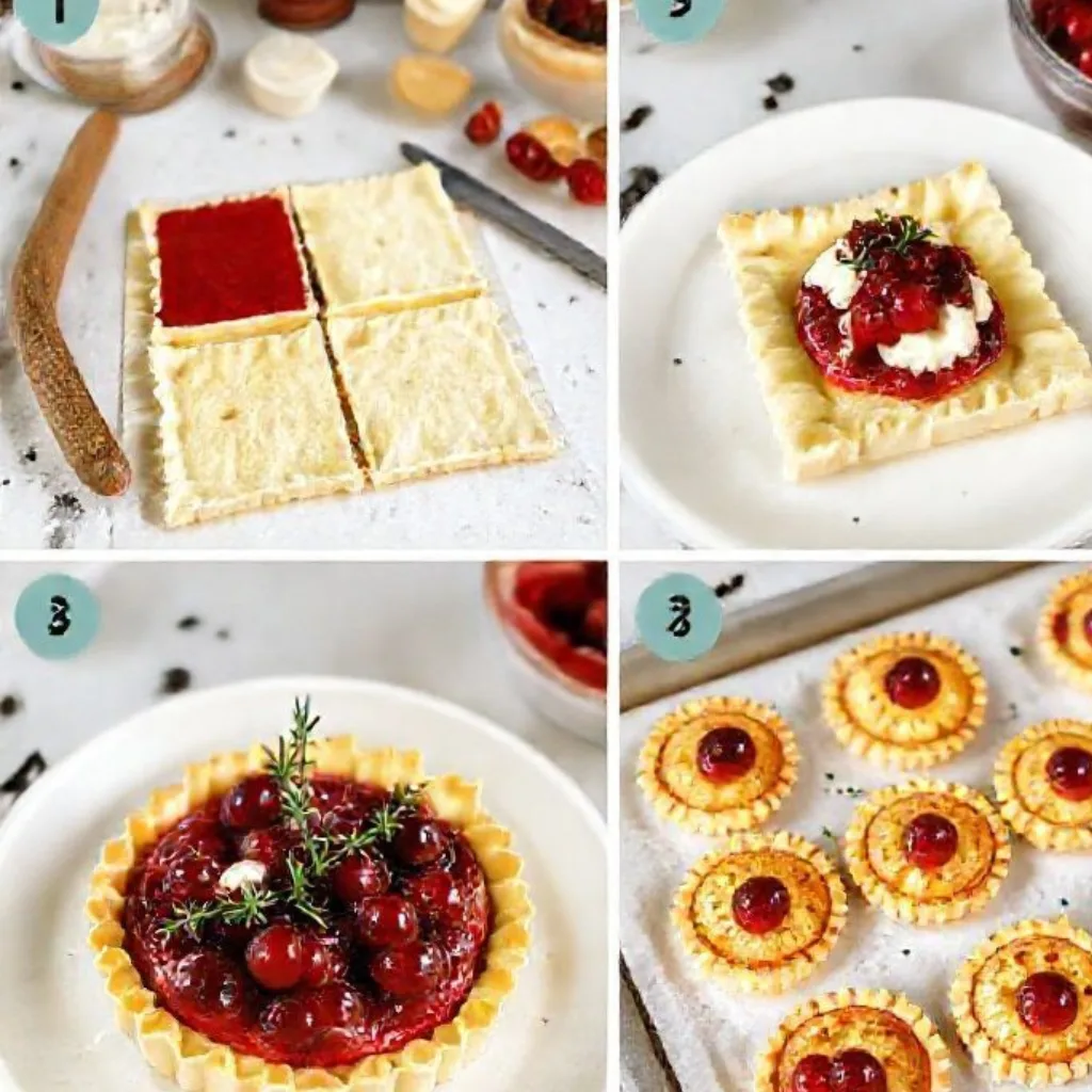 Step by step process for making cranberry brie tartlets with puff pastry