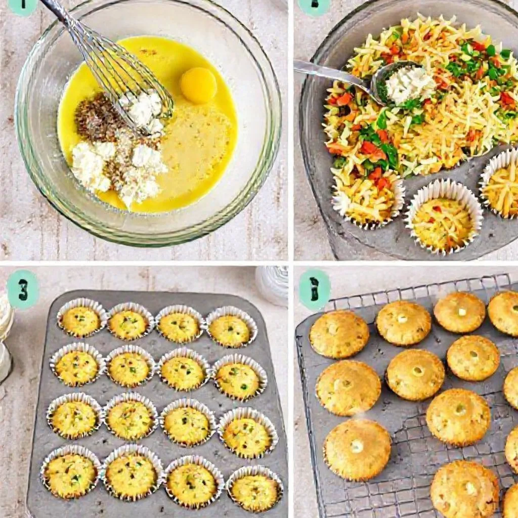 Four-step process showing how to make Cottage Cheese & Egg Breakfast Muffins.