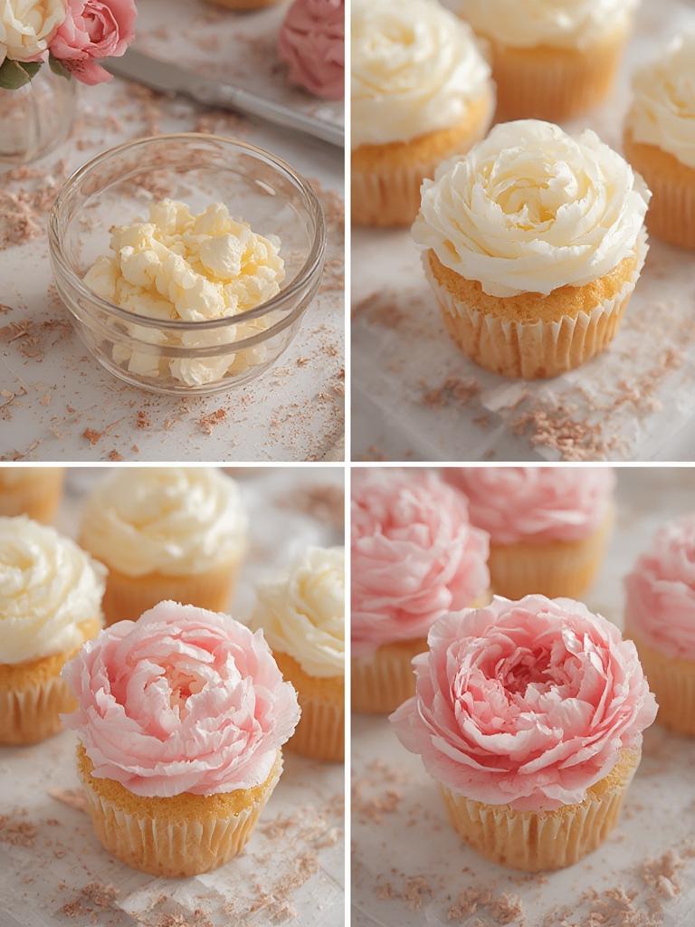 Close-up of piping peony petals onto cupcakes