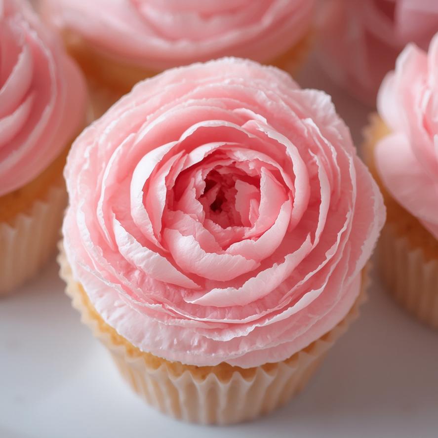 Peony cupcakes arranged alongside cake pops on a dessert table