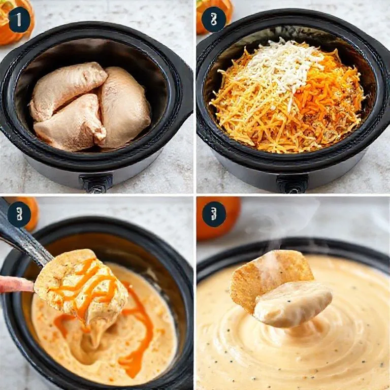 Step-by-step Slow Cooker Buffalo Chicken Dip recipe in four panels