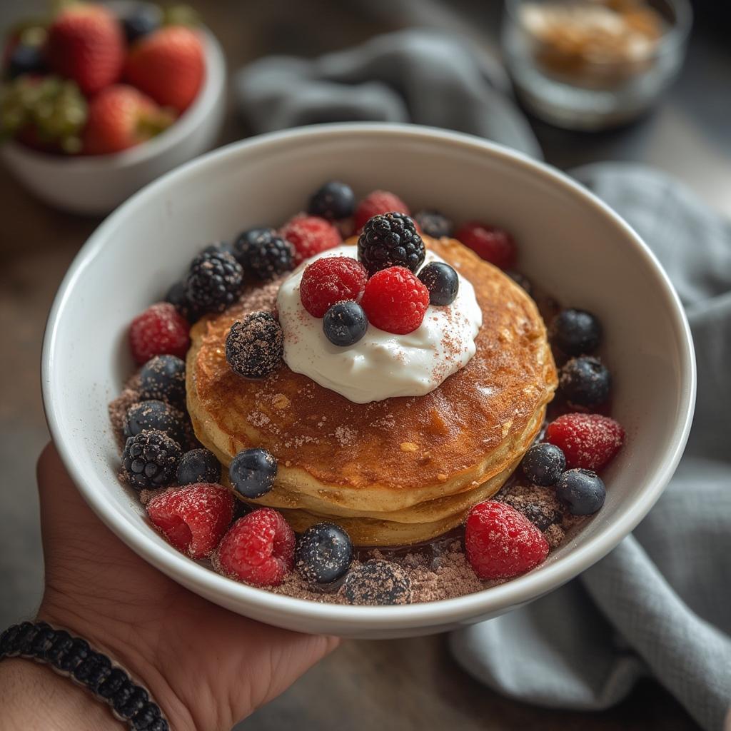 Final pancake bowl with yogurt drizzle